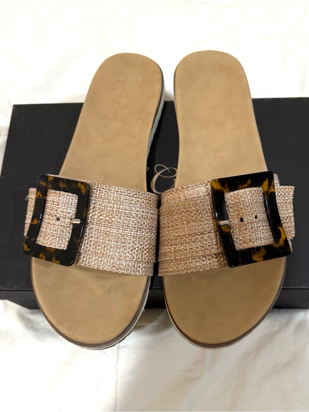 Nicole Miller Tan Woven Slide Sandals with Tortoiseshell Buckle